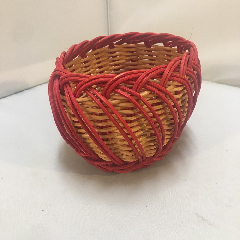 Woven Wicker Basket Home Decor Small Red Tan Oval Lattice Design Cottagecore